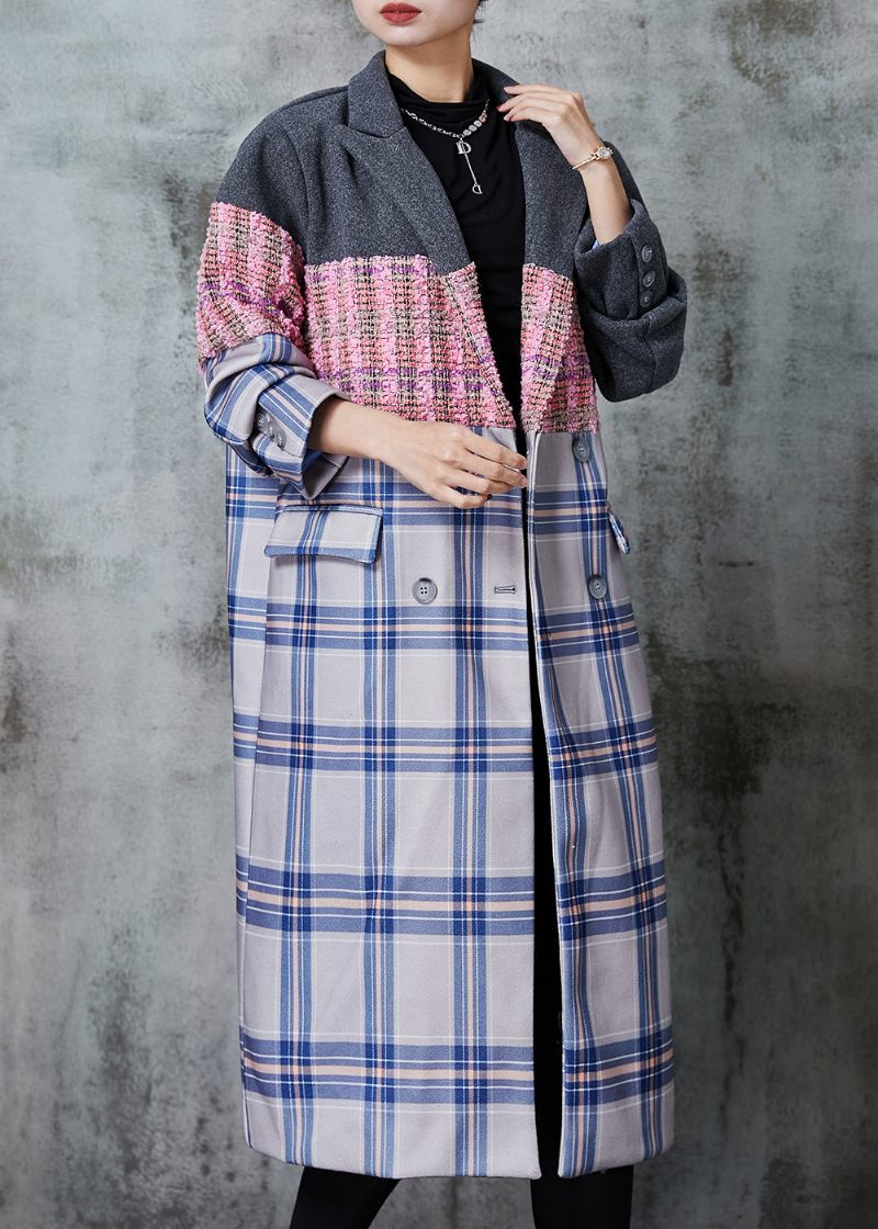 Mode Colorblock Oversized Patchwork Woolen Trench Fall - Ullrockar för kvinnor