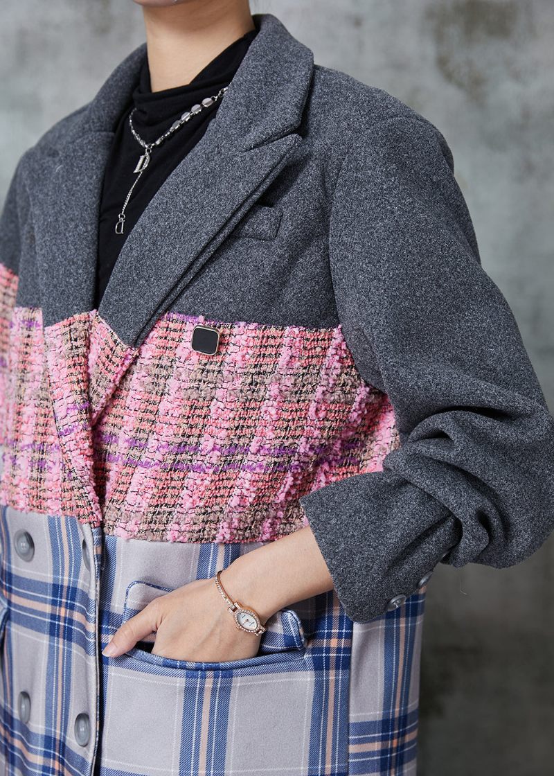 Mode Colorblock Oversized Patchwork Woolen Trench Fall - Ullrockar för kvinnor