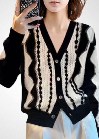 Mode Colorblock V-hals Patchwork Ull Stickad Cardigan Vinter