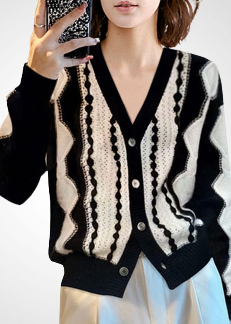 Mode Colorblock V-hals Patchwork Ull Stickad Cardigan Vinter