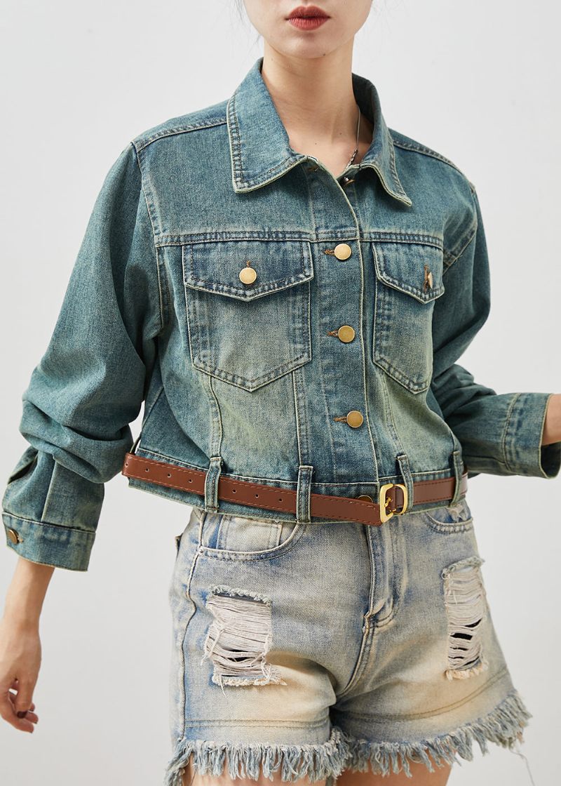 Mode Denim Blå Med Bälte Korta Kappor Vår - Vinterkappor för kvinnor