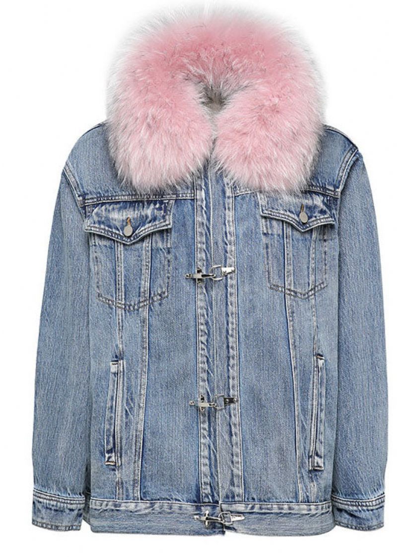 Mode Denimblå Rosa Pälskrage Winter Duck Down Jacket - Dunjackor för kvinnor