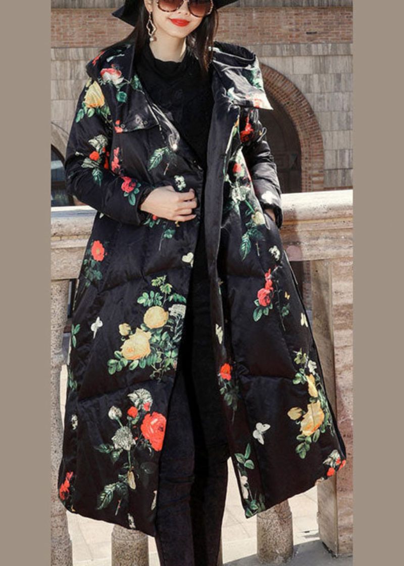 Mode Elegant Print Oriental Vinter Lång Puffer Jackor Duck Down Coat - Svart