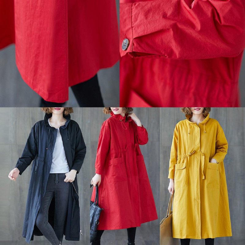 Mode Gul Kappa Dam Plus Size Höst Rufsig Med Dragsko Med Dragkedja - Trenchcoats för kvinnor