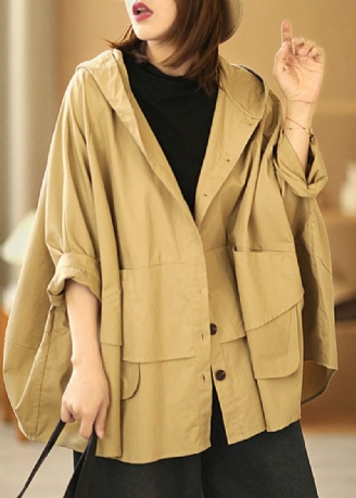 Mode Khaki Bat Wing Sleeve Patchwork Casual Höst Hood Coat