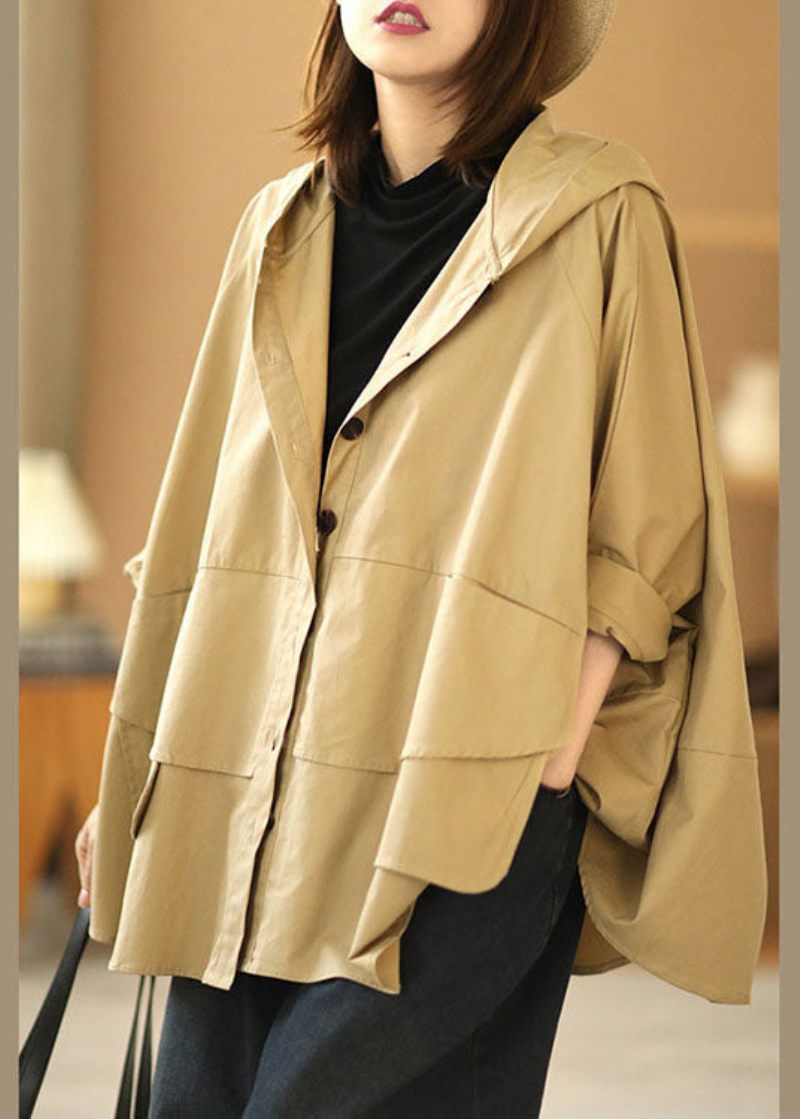 Mode Khaki Bat Wing Sleeve Patchwork Casual Höst Hood Coat - Kaki