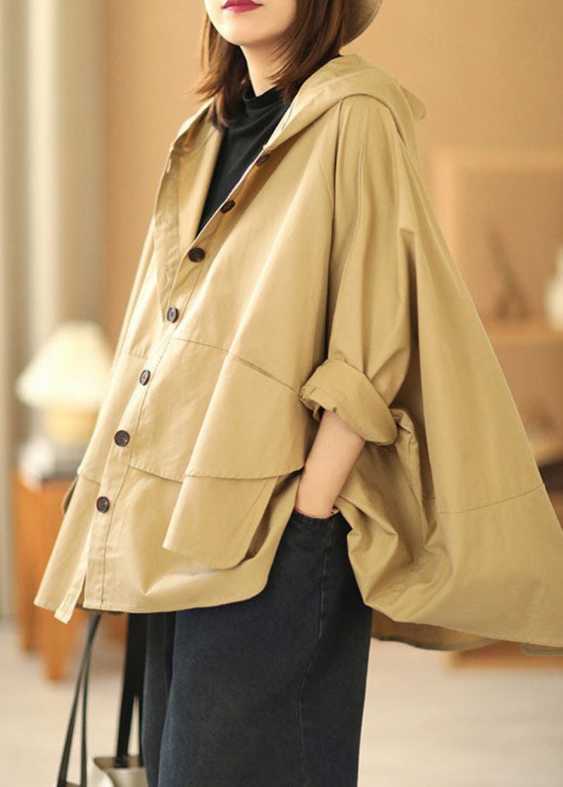 Mode Khaki Bat Wing Sleeve Patchwork Casual Höst Hood Coat - Kaki