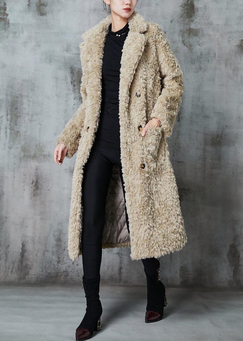 Mode Khaki Dubbelbröst Tjock Fuzzy Fur Fluffy Coats Vinter