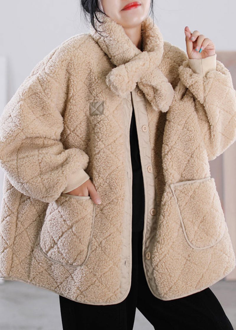 Mode Khaki O-hals Knappfickor Faux Fur Coat Vinter