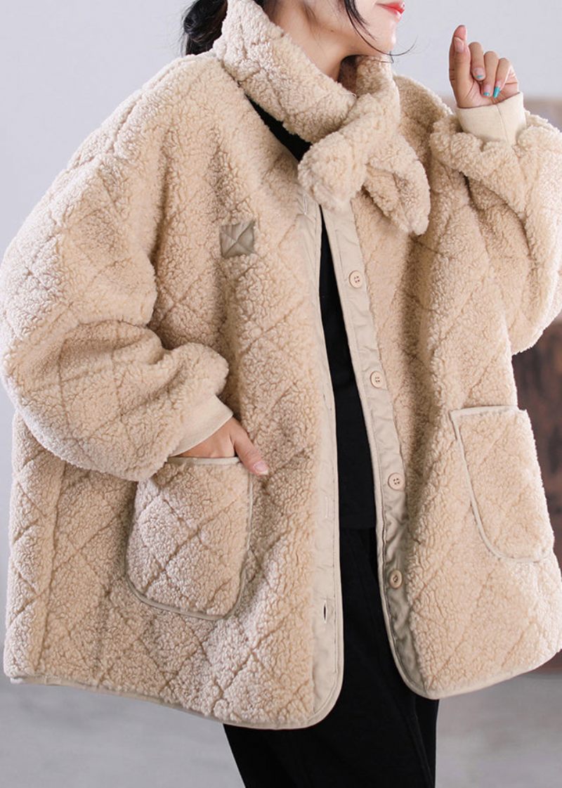 Mode Khaki O-hals Knappfickor Faux Fur Coat Vinter - Kaki