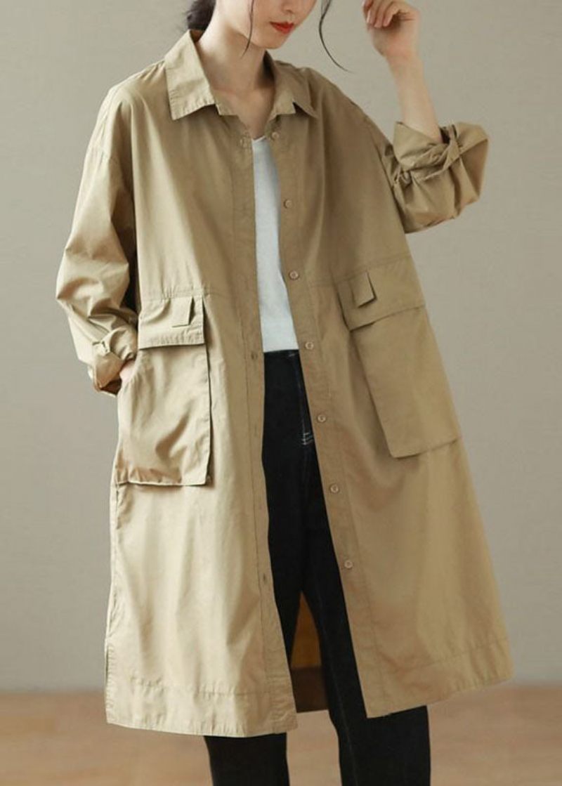 Mode Khaki Peter Pan Krage Mid Trench Coats Långärmad