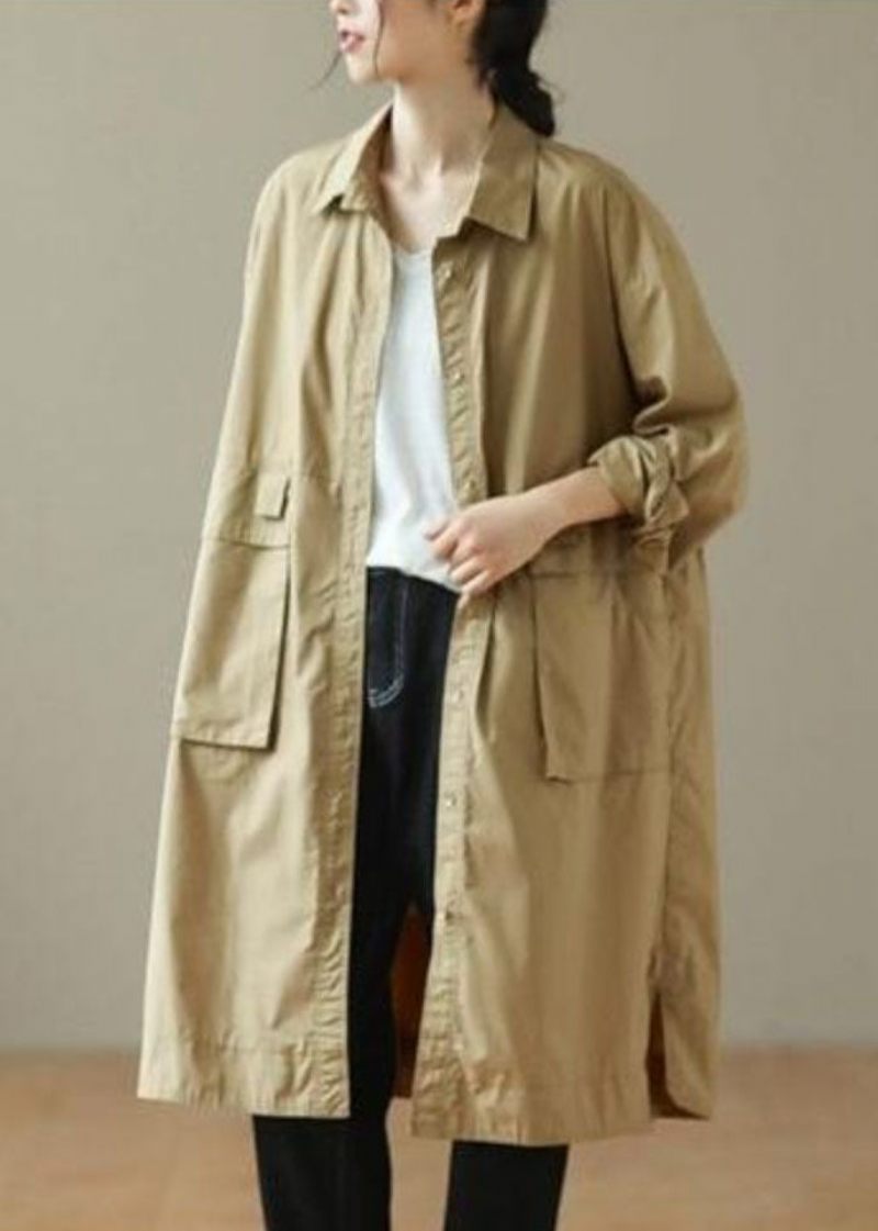 Mode Khaki Peter Pan Krage Mid Trench Coats Långärmad - Kaki