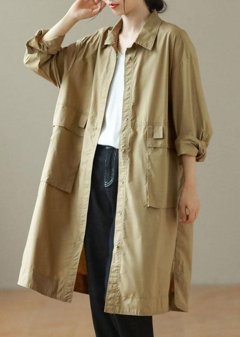 Mode Khaki Peter Pan Krage Mid Trench Coats Långärmad - Kaki