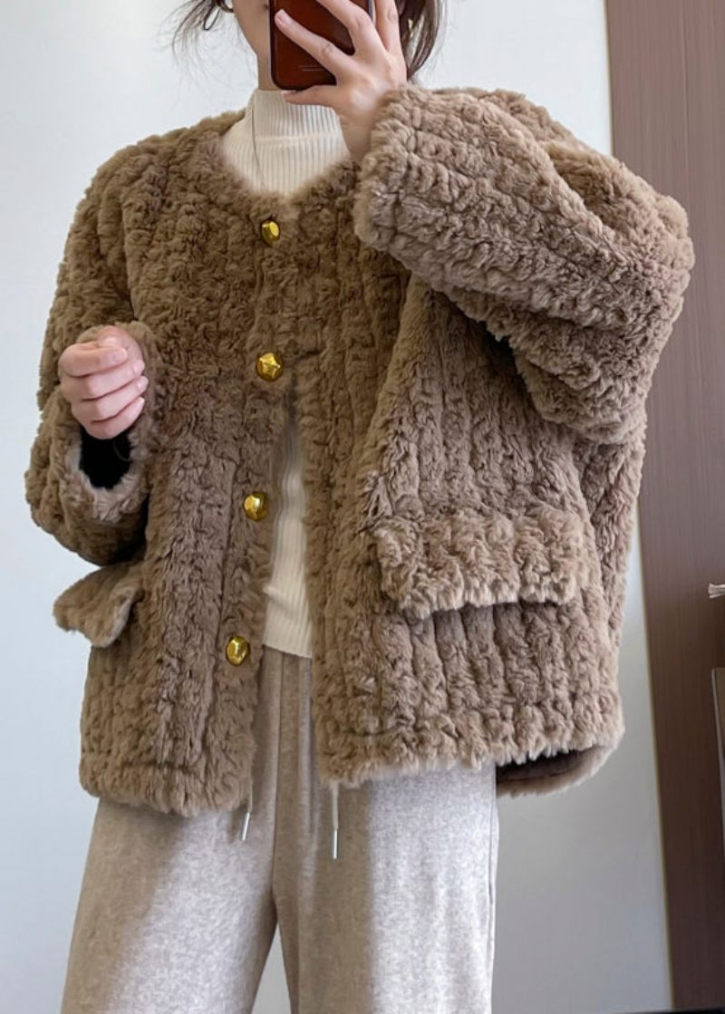 Mode Khaki Tjock Fuskpäls Teddy Coat Vinter