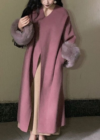 Mode Lotus Root Rosa Färg O-halsad Ylle Maxi Coats Långärmad