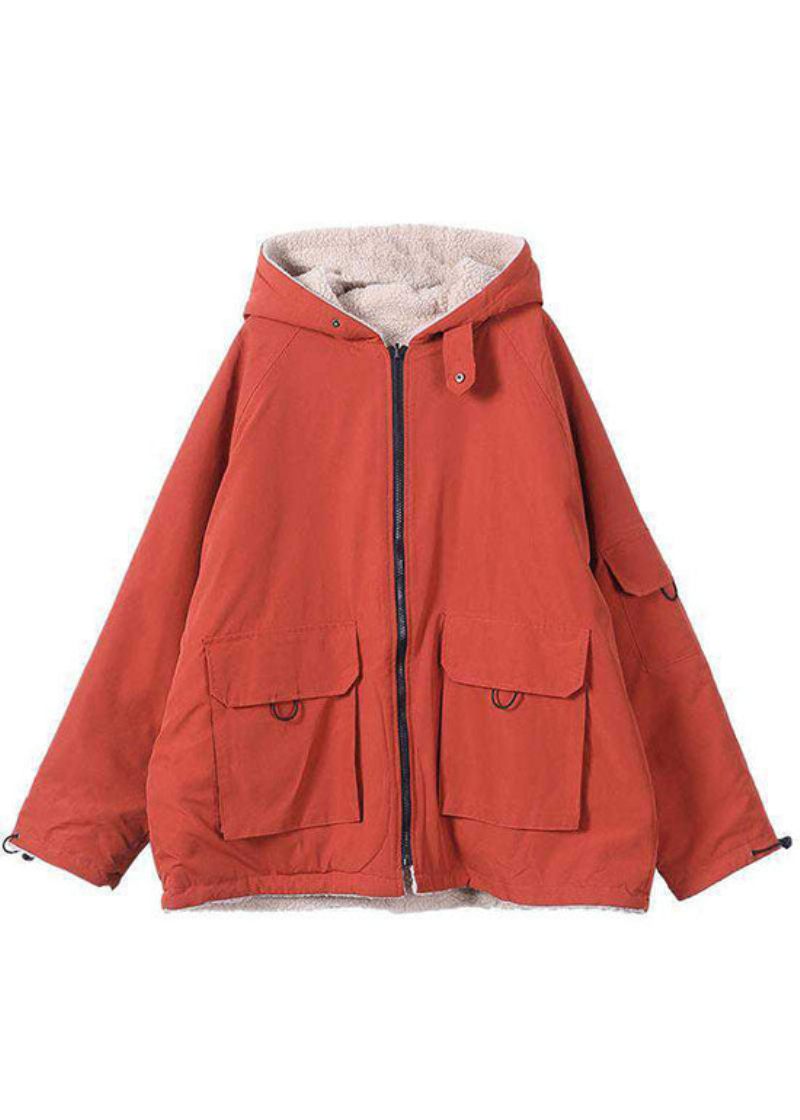 Mode Orange Huva Dragkedja Fickor Lösa Vinter Parkas Kappa - Dunjackor för kvinnor