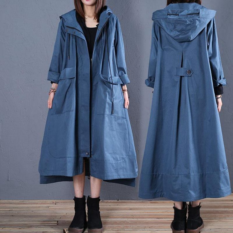 Mode Plus Size Höstblå Huvkappor Låg Hög Design Överrock - Trenchcoats för kvinnor