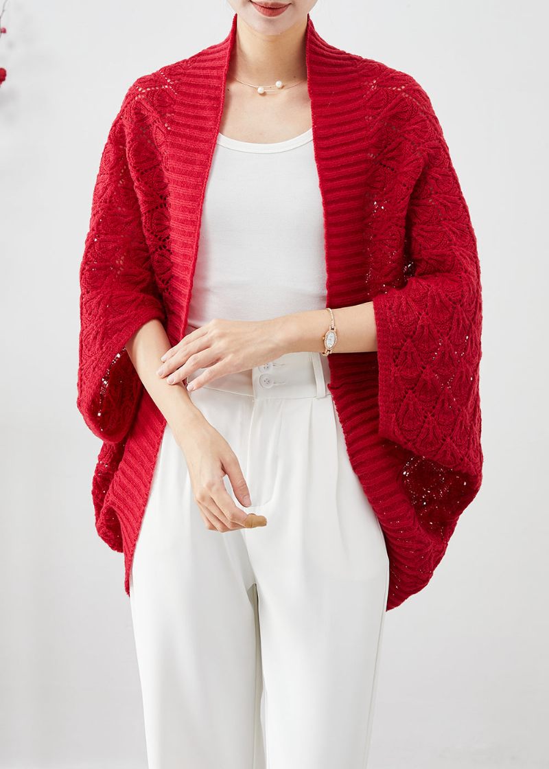 Mode Röd Oversized Hollow Out Knit Cardigan Fall - Koftor för kvinnor