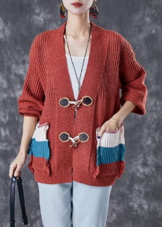 Mode Röda Oversized Patchwork-fickor Stickad Cardigan Fall