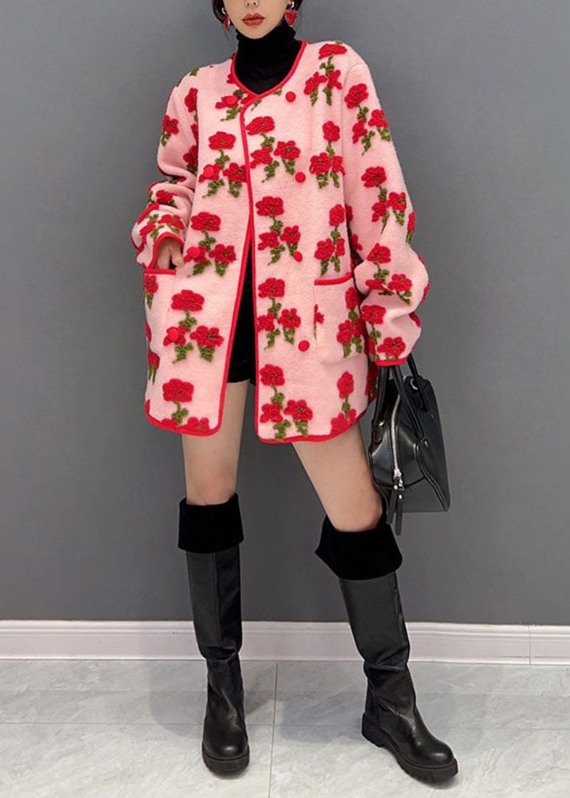 Mode Rosa Oversized Blommig Jacquard Fluffy Coats Spring