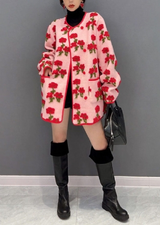 Mode Rosa Oversized Blommig Jacquard Fluffy Coats Spring