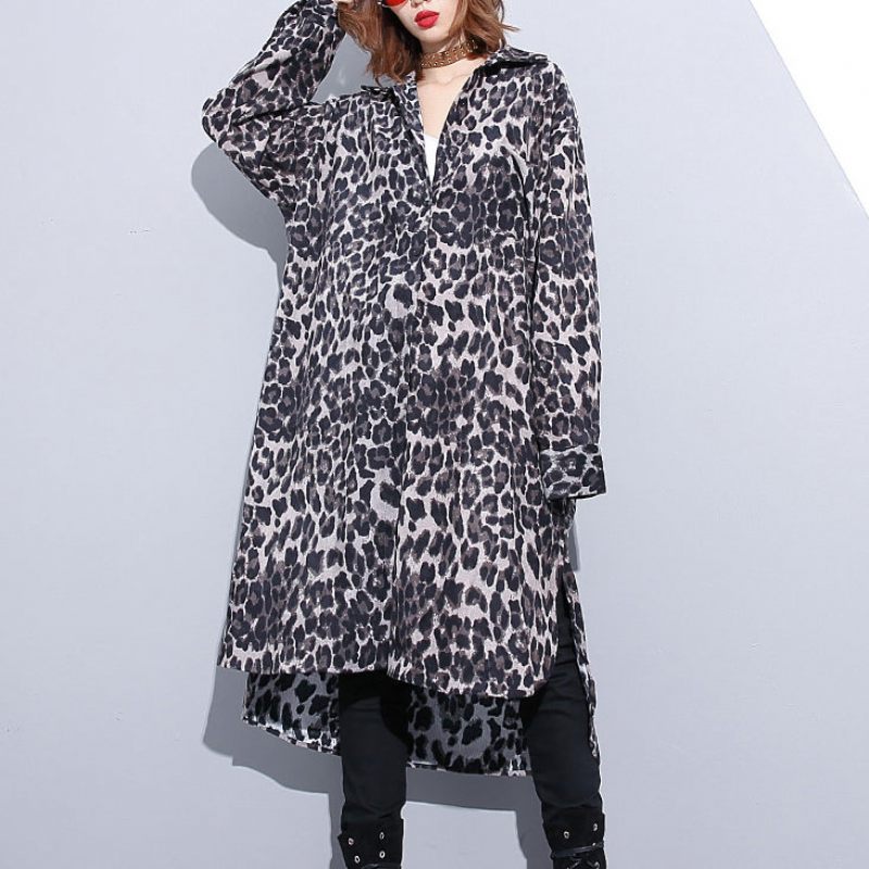 Mode Svart Leopard Plus Size Kappa Turn-down Krage Baggy Coat