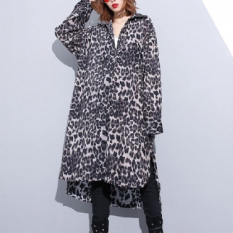 Mode Svart Leopard Plus Size Kappa Turn-down Krage Baggy Coat