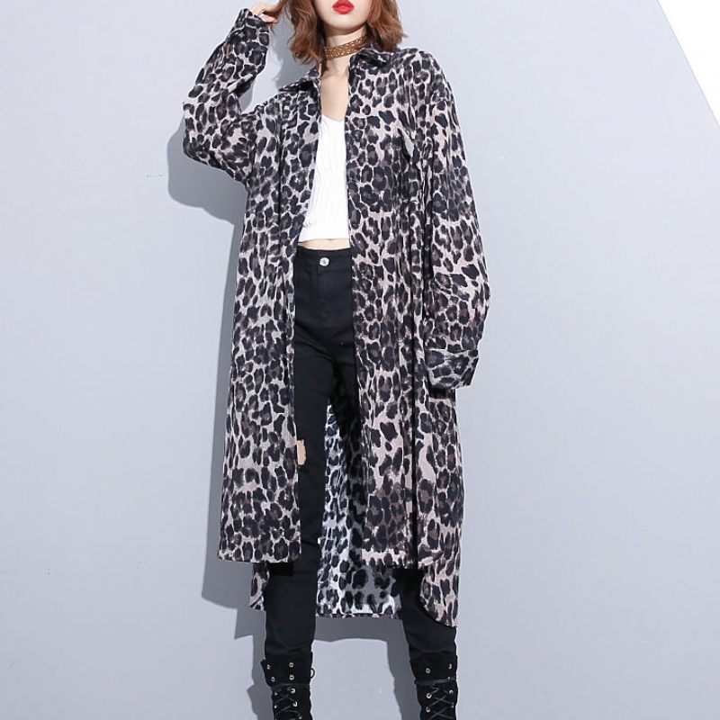 Mode Svart Leopard Plus Size Kappa Turn-down Krage Baggy Coat - Choklad Leopard