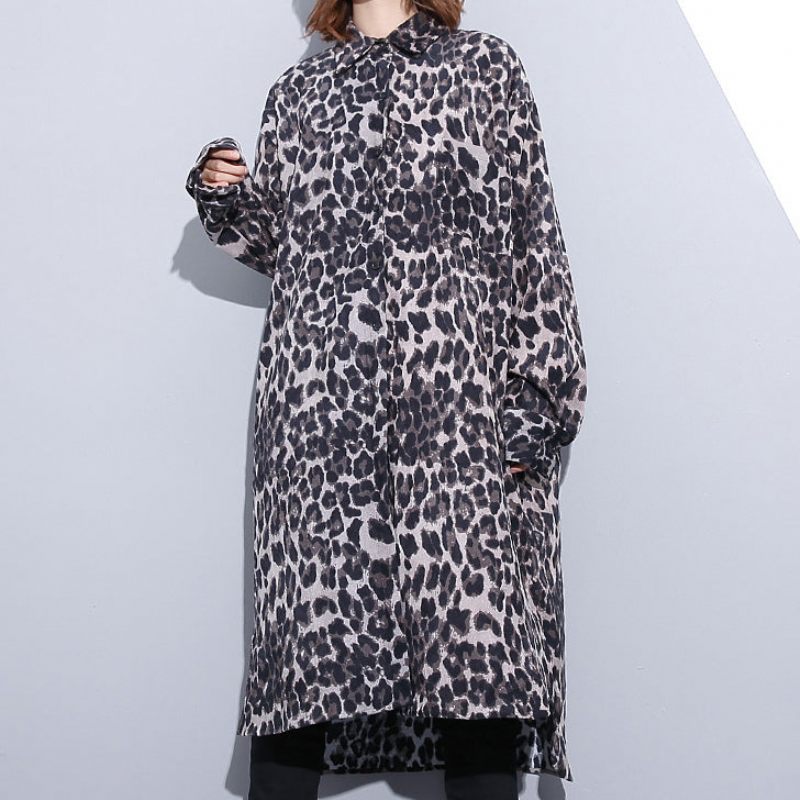 Mode Svart Leopard Plus Size Kappa Turn-down Krage Baggy Coat - Choklad Leopard