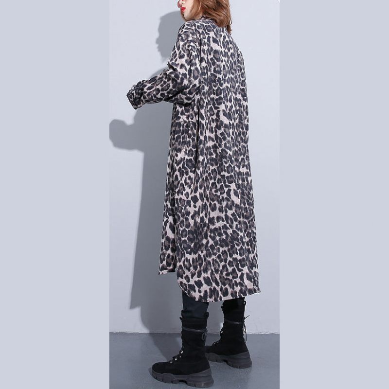 Mode Svart Leopard Plus Size Kappa Turn-down Krage Baggy Coat - Choklad Leopard