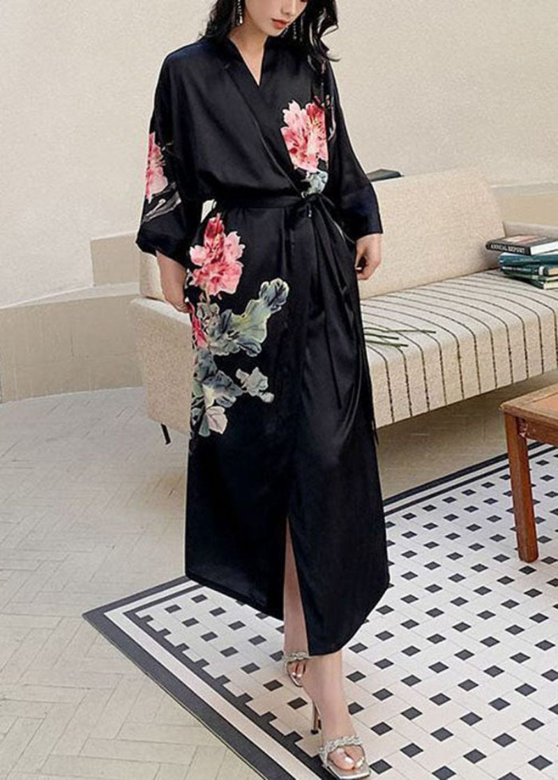 Mode Svart Oversized Print Ice Silk Lös Robe Sommar