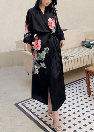 Mode Svart Oversized Print Ice Silk Lös Robe Sommar