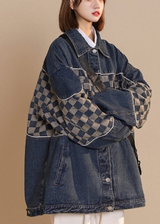 Mode Svart Peter Pan Krage Pläd Patchwork Button Bomull Denim Coat Fall