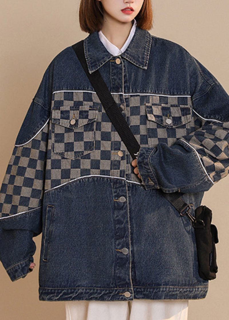 Mode Svart Peter Pan Krage Pläd Patchwork Button Bomull Denim Coat Fall - Svart