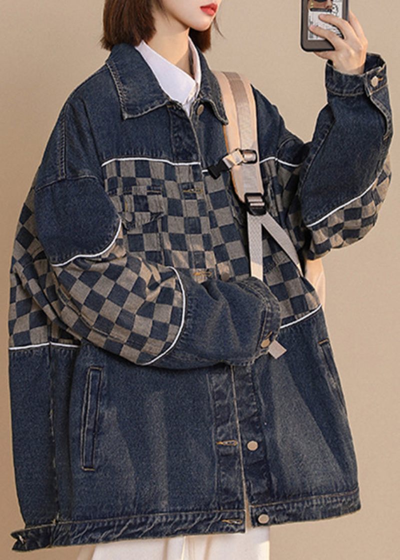 Mode Svart Peter Pan Krage Pläd Patchwork Button Bomull Denim Coat Fall - Svart