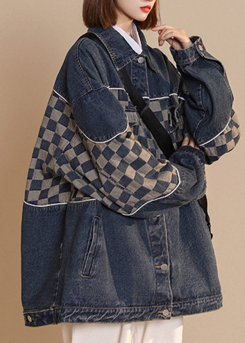 Mode Svart Peter Pan Krage Pläd Patchwork Button Bomull Denim Coat Fall - Svart