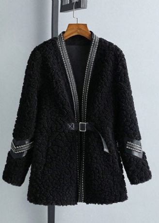 Mode Svart V-hals Patchwork Sashes Faux Fur Coat Vinter