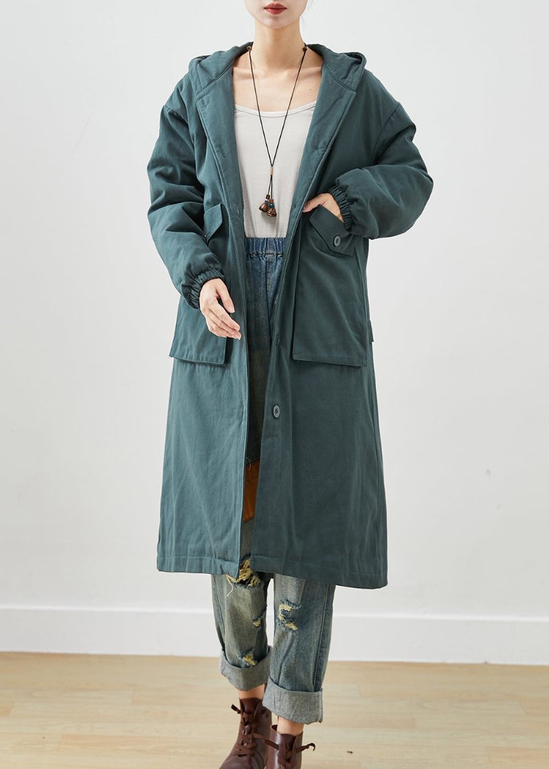 Mode Svartgröna Hooded Fickor Tjock Varm Fleece Trench Fall - Trenchcoats för kvinnor