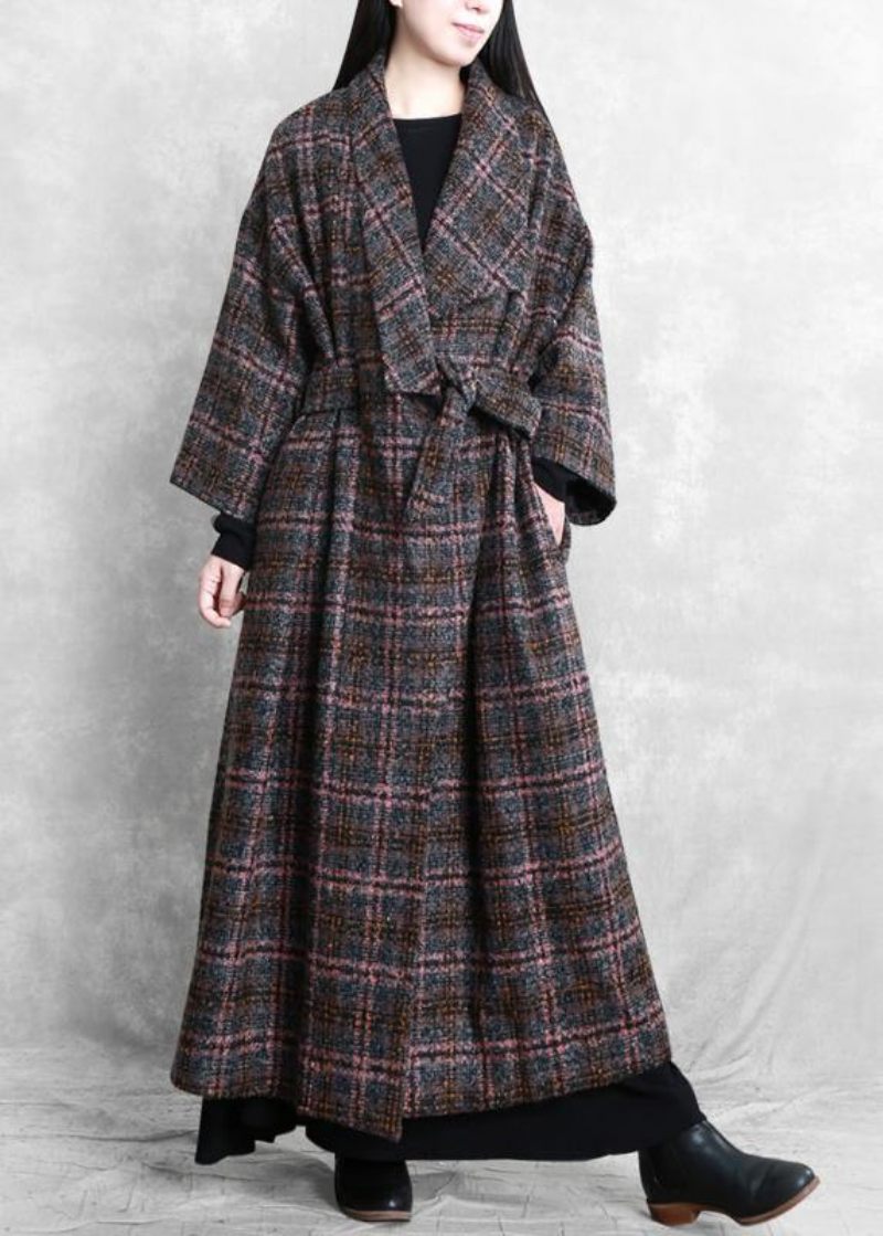 Mode Trendiga Plus Size Kvinnor Kappor Grå Rutig Slips Midja Fickor Ull Kappa - Trenchcoats för kvinnor