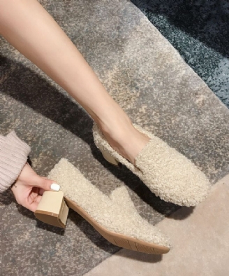 Modebeige Teddy Chunky Heel Fuzzy Wool Fodrad Penny Loafers