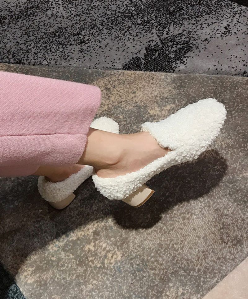 Modebeige Teddy Chunky Heel Fuzzy Wool Fodrad Penny Loafers - Ullrockar för kvinnor