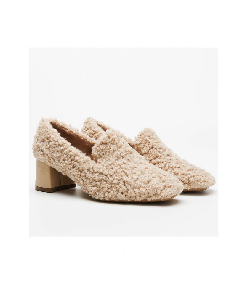 Modebeige Teddy Chunky Heel Fuzzy Wool Fodrad Penny Loafers - Ullrockar för kvinnor