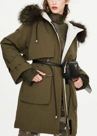 Modern Armégrön Pälskrage Fickor Knyt Midjan Winter Duck Down Puffer Coat