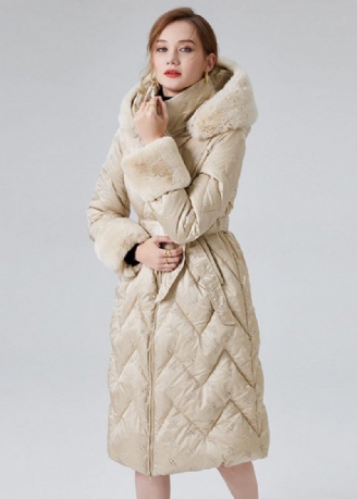 Modern Beige Hooded Kanin Hårkrage Duck Down Dunrockar Vinter