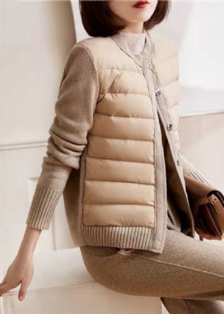 Modern Beige Vit Färg O-hals Patchwork Stickad Parka Långärmad