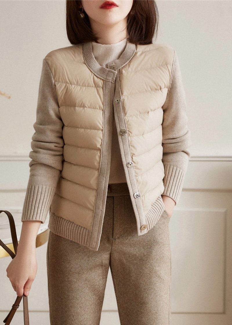 Modern Beige Vit Färg O-hals Patchwork Stickad Parka Långärmad - Beige Vit Färg