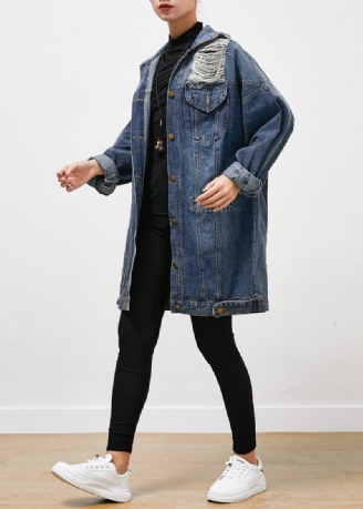 Modern Blå Överdimensionerad Denim Sliten Kappa Ytterkläder Höst