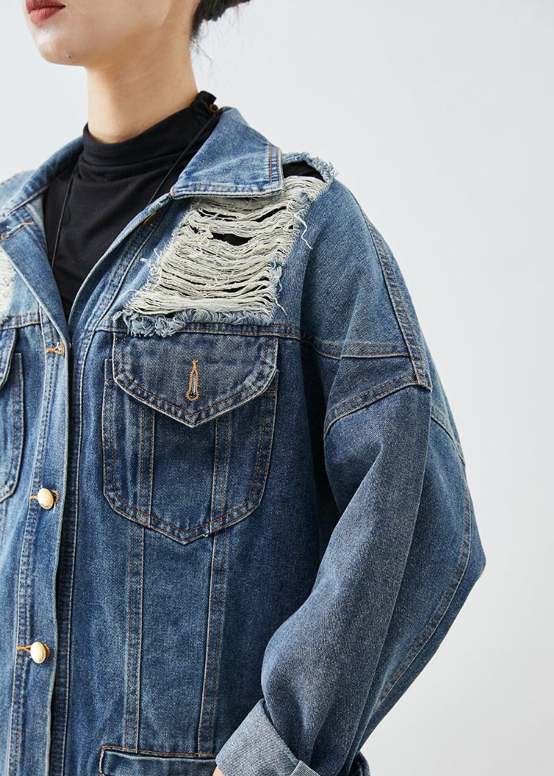 Modern Blå Överdimensionerad Denim Sliten Kappa Ytterkläder Höst - Vinterkappor för kvinnor