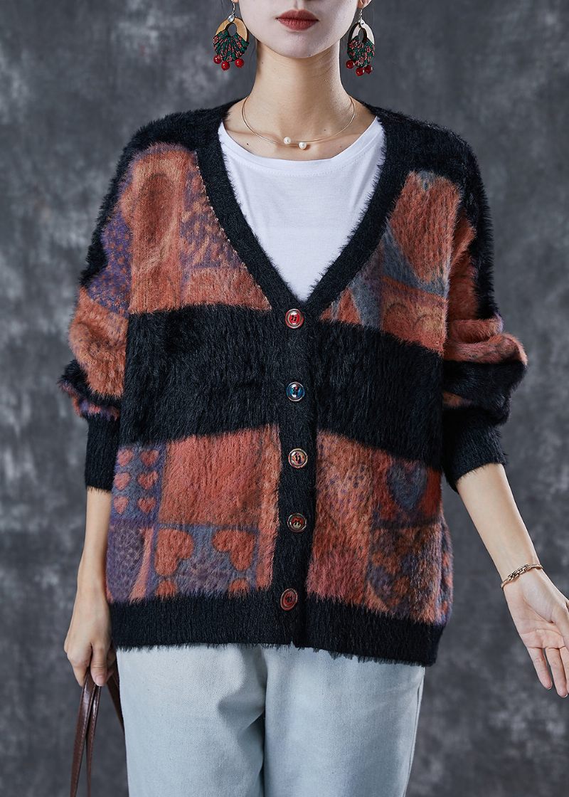 Modern Colorblock Oversized Tjock Mink Hår Stickad Cardigan Winter - Koftor för kvinnor