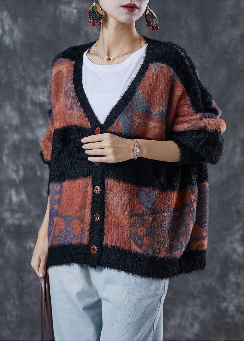 Modern Colorblock Oversized Tjock Mink Hår Stickad Cardigan Winter - Koftor för kvinnor